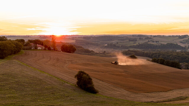Moissonneuse batteuse ramassant le bl&eacute; au coucher du soleil dans la campagne gersoise en &eacute;t&eacute;