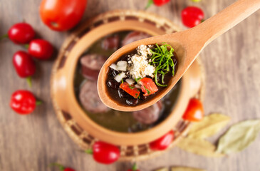 Feijoada. Traditional Brazilian food. Brazilian cuisine. Top view.