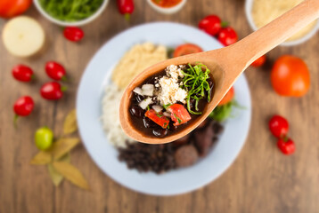 Feijoada. Traditional Brazilian food dish. Brazilian cuisine. Top view.