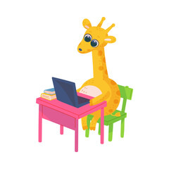 Naklejka na ściany i meble Little funny giraffe learning at school flat vector illustration isolated.