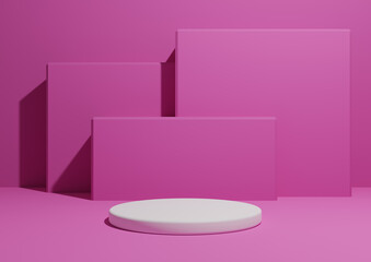 Bright magenta, neon pink, 3D render of a simple, minimal product display composition backdrop with one podium or stand and geometric square shapes in the background.