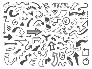 Hand drawn doodle arrow pointer designs. Curved sketch direction sign, abstract arrow icons for business or education. Decorative arrows vector set