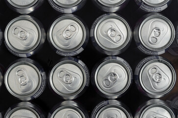 Above view close-up of rows of dry drink cans
