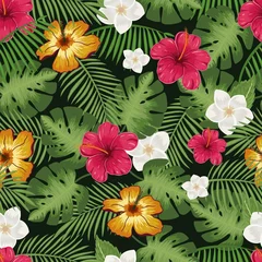 Foto op Canvas Tropical floral colorful seamless pattern with beautiful hibiscus flowers green palm and monstera leaves vector © nataliakarebina