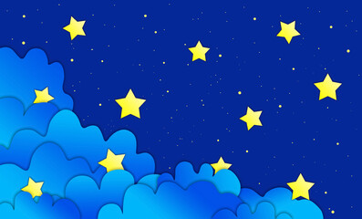 Puszyste chmury na nocnym tle nieba ze złotym gwiazdami.dobranoc, słodkich snów