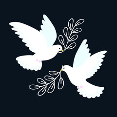 Vector illustration of two doves with olive branch. Symbol of peace and freedom. Use for your design.