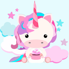 unicorn holding a muffin on a light background