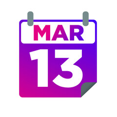 March 13. Single day calendar. minimalist flat illustration in purple color. eps 10