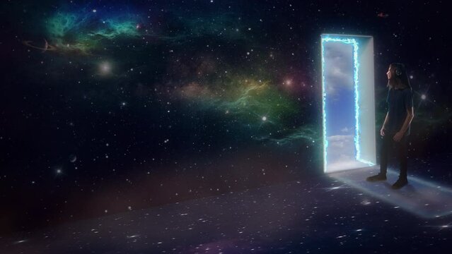 Space Door Teenager In Cloudy Sky Portal On Earth. Teenager listening to music in front of a portal in deep space opened to the cloudy blue sky on earth.