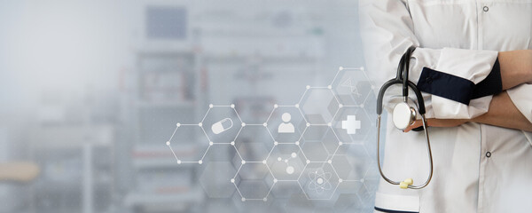 Doctor of medical icons on a blurred background.