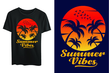 Summer sunset distressed vector t-shirt design with palm trees silhouette and the phrase "Summer vibes"