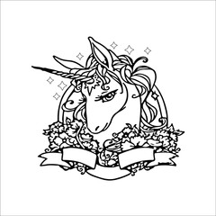 Unicorn with butterflies. Hand drawn fantasy horse. Sketch for anti-stress adult coloring book in zen-tangle style. Vector illustration for coloring page.