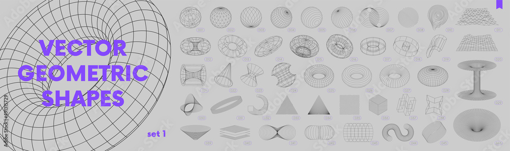Leinwandbilder Collection of strange wireframes vector 3d geometric shapes, distortion and transformation of figure, set of different linear form inspired by brutalism, graphic design elements, set 1