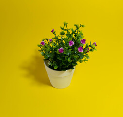 Artificial flower ornament on yellow background. spring concept.