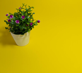 Artificial flower ornament on yellow background with copy space. spring concept.