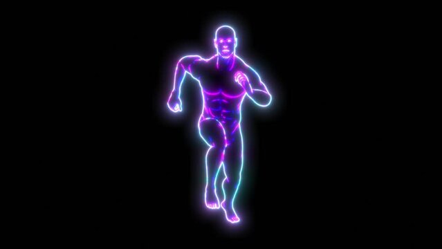 Retro Futuristic seamless background of a neon human figure running isolated with alpha channel