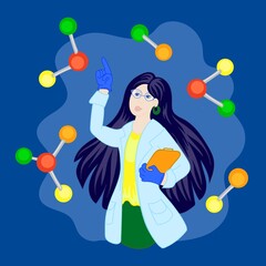 A female chemist in a dressing gown with an folder in her hands.Background with atomic crystal lattice. Science discovery concept.Discovery, ideas. Design element.