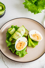 Ready to eat sandwich with rye bread, lettuce, cucumber, boiled egg and flax seeds on a plate on the table. Healthy eating on a diet. Vertical view. Close-up