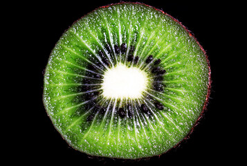 Kiwi cut in half at high magnification on a black background