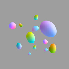 Colorful abstract 3d render of flying Easter eggs with minimalistic objects on gray background. Minimal futuristic gradient idea of holiday. Contemporary style. Space and planets concept.