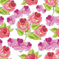 Roses. Floral seamless pattern with blooming flowers and leaves. Vector image for packaging, wallpapers, decorations, holidays, web and print. 