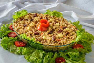 Rubacao, a traditional dish from the northeast of Brazil, made with beans, rice, sun-dried meat and rennet cheese. Brazilian food.