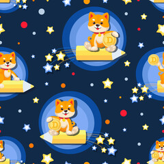 Baby doge mascot. Space background. Puppy Shiba inu travels in space. Doge meme character.