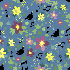 A seamless floral pattern of the sounds of springtime, birdsong with music notes, black birds, ivy leaves and colourful spring flowers of winter aconites and hellebores.