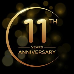 11 years anniversary celebration. Anniversary logo with ring and elegance golden color isolated on black background, vector design for celebration, invitation card, greeting card, and banner