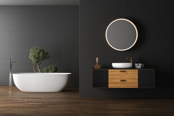 Dark bathroom interior with parquet floor, white  bathtub, black cabinet and oval mirror, front view. Minimalist black bathroom with modern furniture. 3d rendering