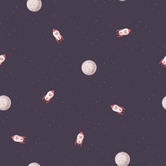 Pink rocket  and moon seamless pattern.Space background. Happy valentines day