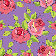 Fototapeta na wymiar Roses. Floral seamless pattern with blooming flowers and leaves. Vector image for packaging, wallpapers, decorations, holidays, web and print. 