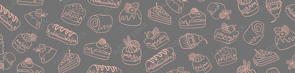 Wall mural Seamless pattern with hand drawn outline cakes and desserts. Vector illustration.