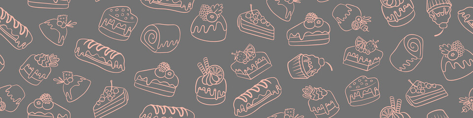 Seamless pattern with hand drawn outline cakes and desserts. Vector illustration.