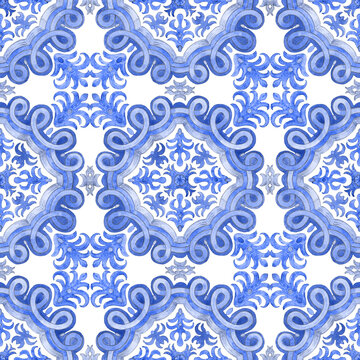 Seamless pattern of watercolor painted blue mosaic tiles with floral ornaments in Mediterranean majolica ceramic painting style on a white background. Wallpaper décor, batik print