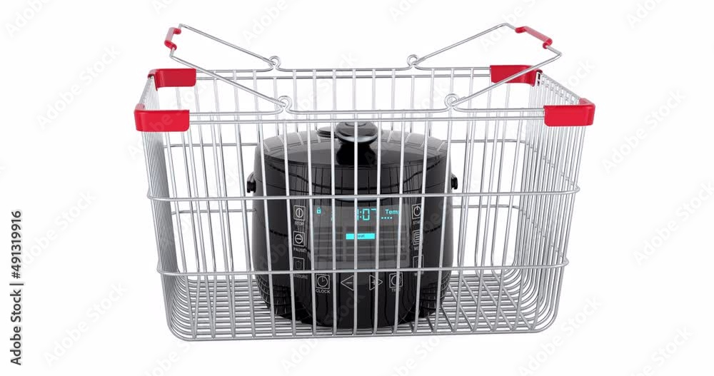 Poster automatic multicooker adding to shopping basket, 3d animation. 3d rendering isolated on white backgr