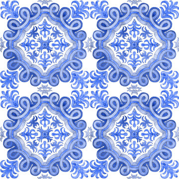 Seamless pattern of watercolor painted blue mosaic tiles with floral ornaments in Mediterranean majolica ceramic painting style on a white background. Wallpaper décor, batik print