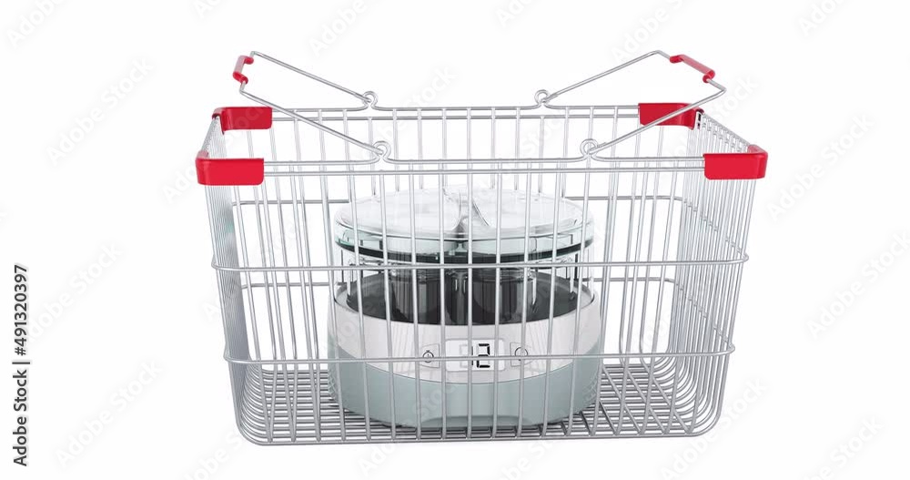 Poster automatic yogurt maker adding to shopping basket, 3d animation. 3d rendering isolated on white backg