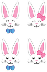 Simple Bunny Face Clipart Set - White Ears with Pink and Blue Bow