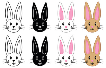 Bunny Rabbit Face Clipart Set - Outline, Silhouette, White and Brown