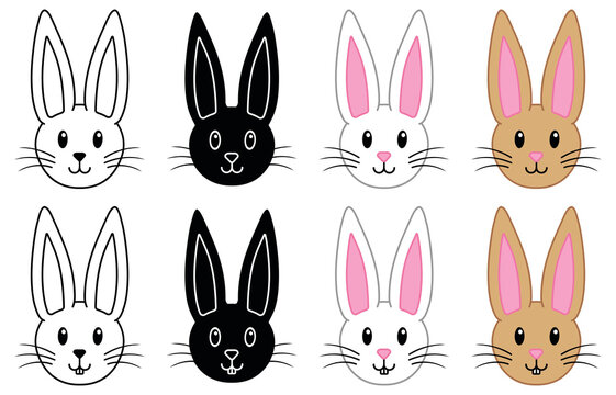 Bunny Rabbit Face Clipart Set - Outline, Silhouette, White and Brown
