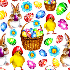 Colorful Easter background. Seamless pattern with eggs, chickens and rabbits.