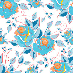 Fototapeta na wymiar Roses. Floral seamless pattern with blooming flowers and leaves. Vector image for packaging, wallpapers, decorations, holidays, web and print. 