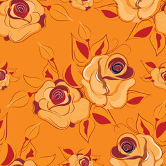 Roses. Floral seamless pattern with blooming flowers and leaves. Vector image for packaging, wallpapers, decorations, holidays, web and print. 