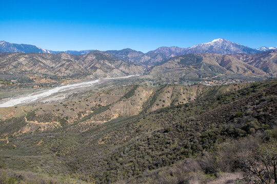 An Aerial Drone UAV View of the Mill Creek Valley Below the Snow Covered San Gabriel Mountains in California