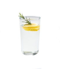 Glass with fresh lemon water or homemade lemonade and rosemary on white background, stock photo