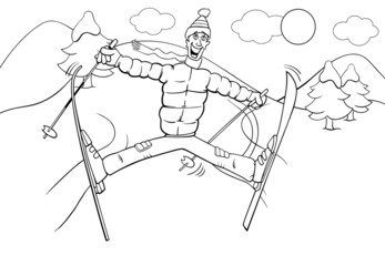 cartoon man skiing on winter time coloring book page