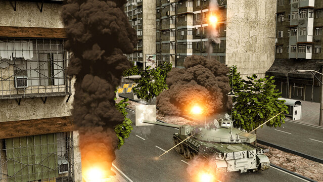 War scene, tanks and air strikes, missiles and cannon shots. Advance of Russian troops on Ukrainian territory. City of Ukraine besieged by Russian military forces. 3d rendering