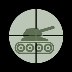 Tank is targeted by anti-tank missile. Armoured vehicle is going to be destroyed by military weaponry in combat, war, warfare and conflict. Vector illustration.