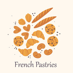 Flat vector illustration with traditional symbols of France, food and architecture. French cuisine. Set with croissant, baguette, Madeleine cookies, pastries, brioche